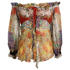 Roberto Cavalli Multicolor Floral Printed Silk Sheer Long Sleeve Blouse S