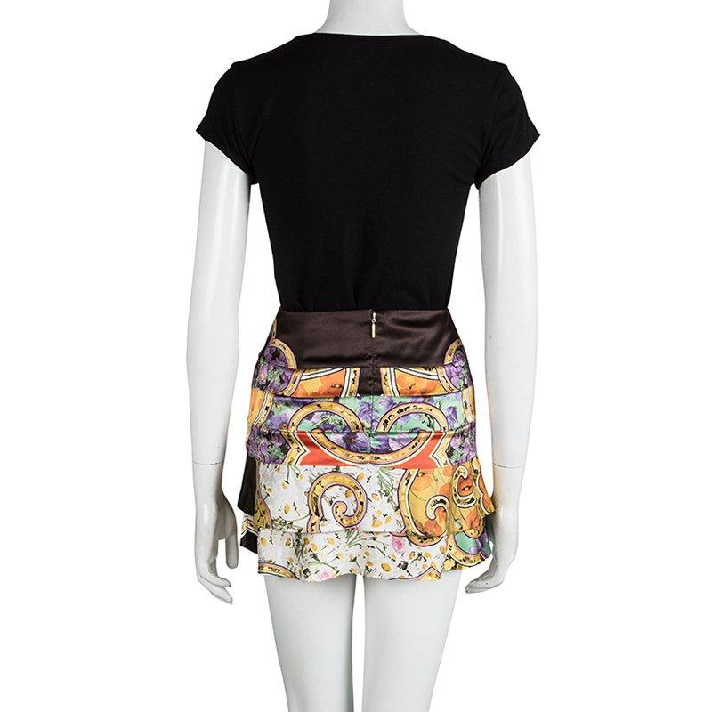 Beige Roberto Cavalli Multicolor Floral Printed Silk Tiered Mini Skirt S