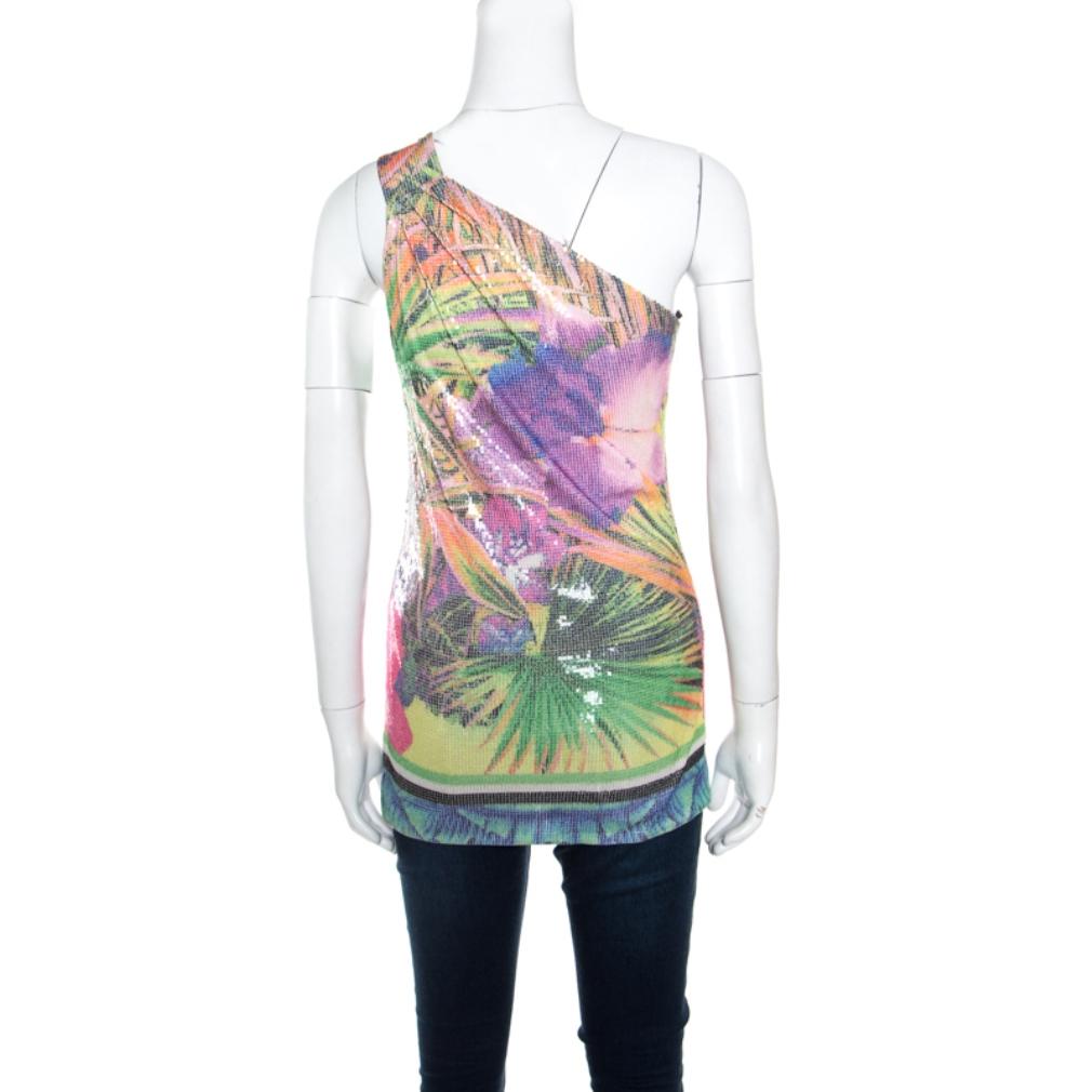 Cut to a stylish silhouette with one shoulder design; this Roberto Cavalli top is perfect for your after-dark adventures. It is stunningly embellished with sequins and features a multicoloured floral print all over. The top will work best with