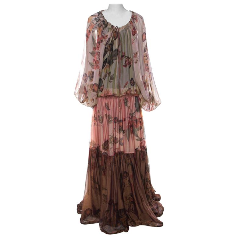Roberto Cavalli Multicolor Flower and Fruit Print Silk Tiered Maxi Dress M  For Sale at 1stDibs