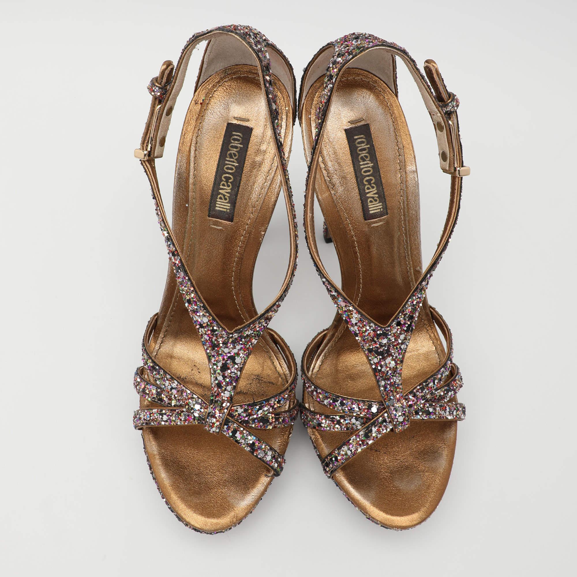 Marron Roberto Cavalli - Sandales à lanières à paillettes multicolores, taille 37 en vente