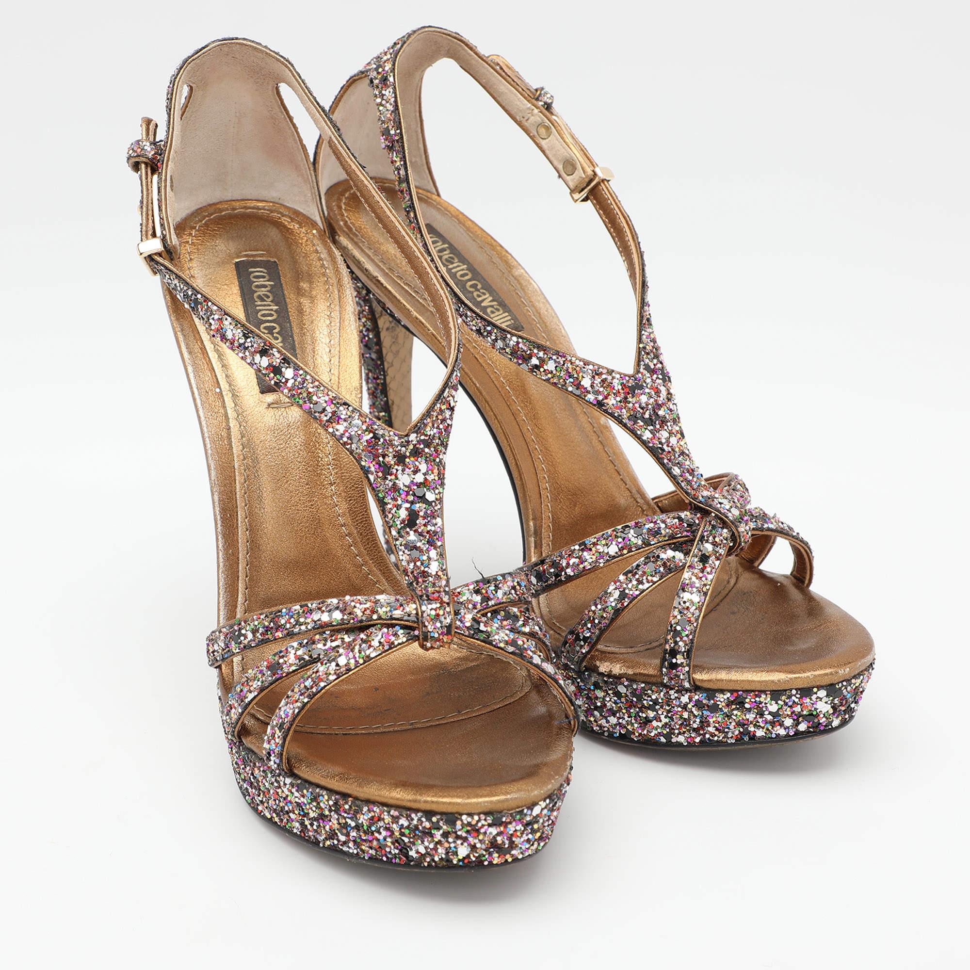 Roberto Cavalli - Sandales à lanières à paillettes multicolores, taille 37 Bon état - En vente à Dubai, Al Qouz 2