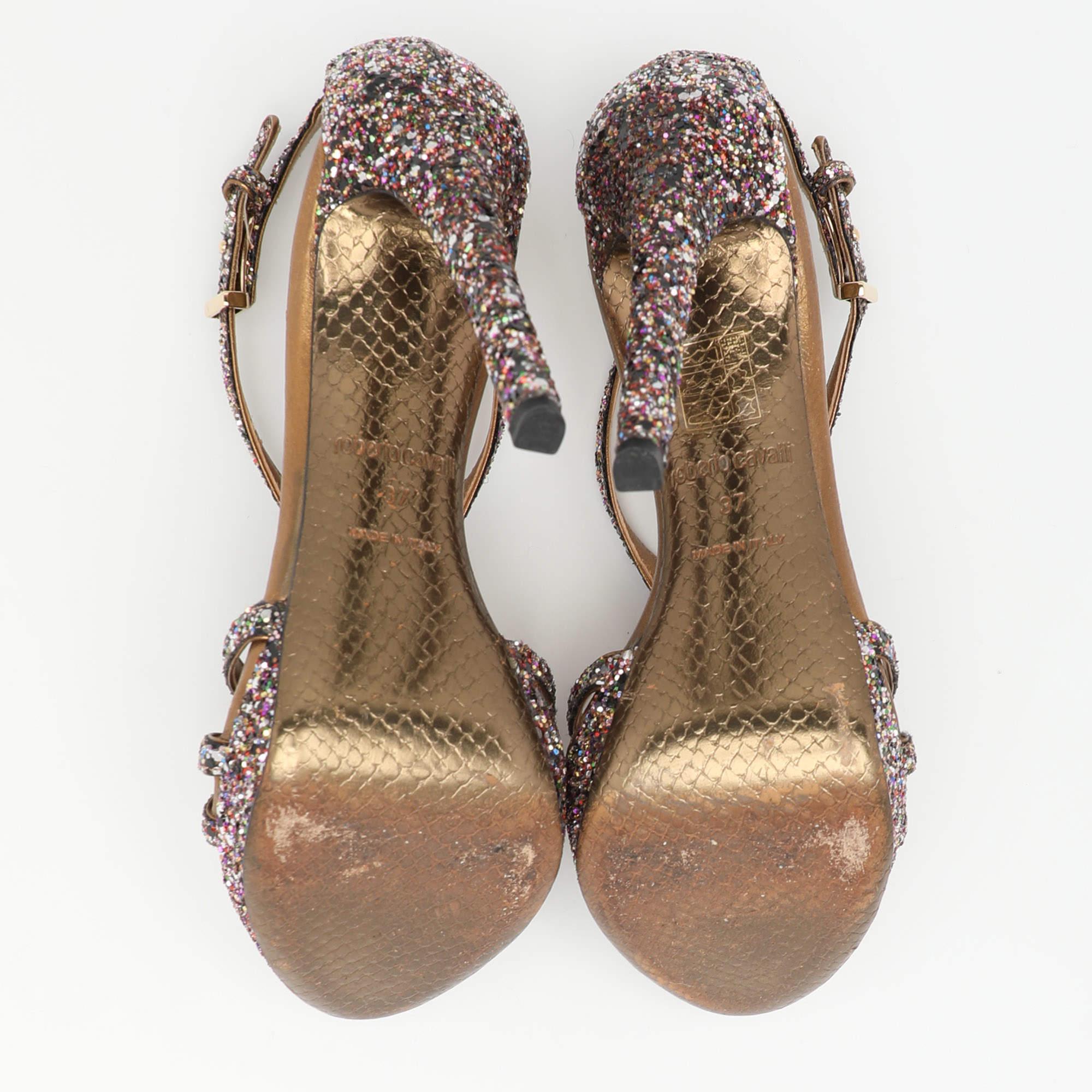Roberto Cavalli - Sandales à lanières à paillettes multicolores, taille 37 en vente 1