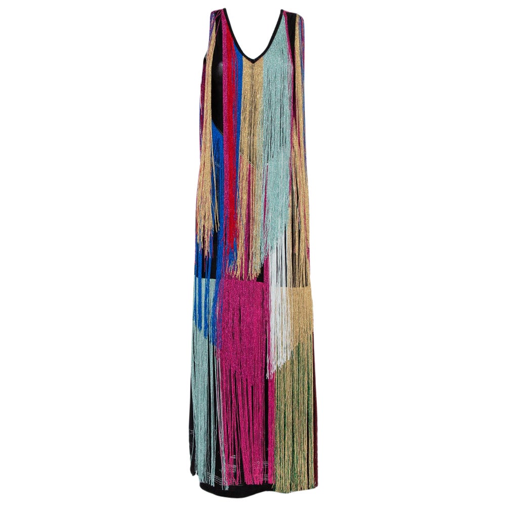Roberto Cavalli Multicolor Knit Fringed Maxi Dress M For Sale