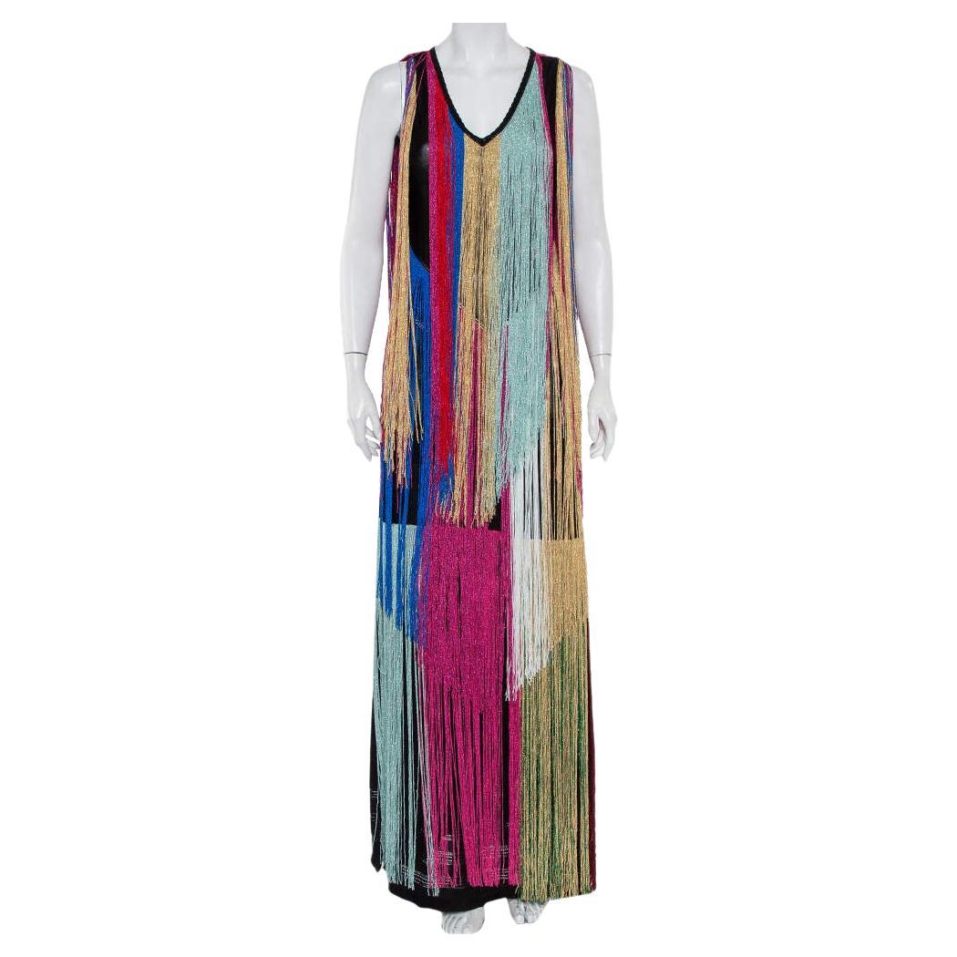 Roberto Cavalli Multicolor Knit Fringed Maxi Dress M For Sale