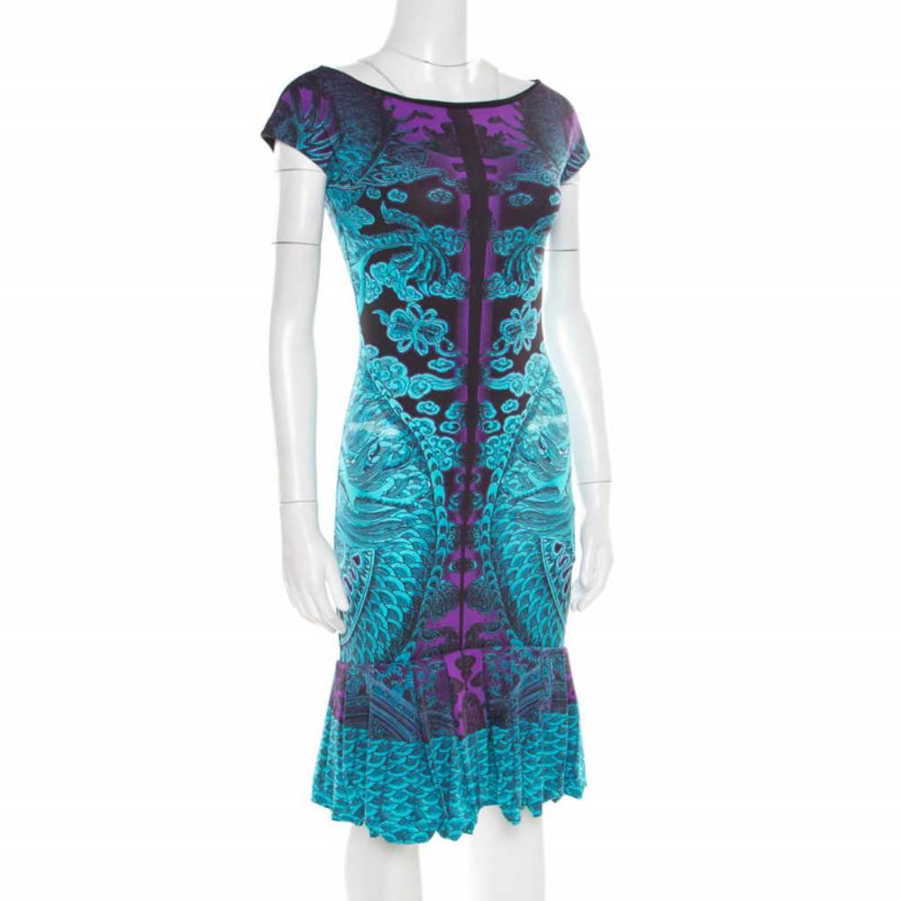 Blue Roberto Cavalli Multicolor Printed Boat Neck Flounce Dress S