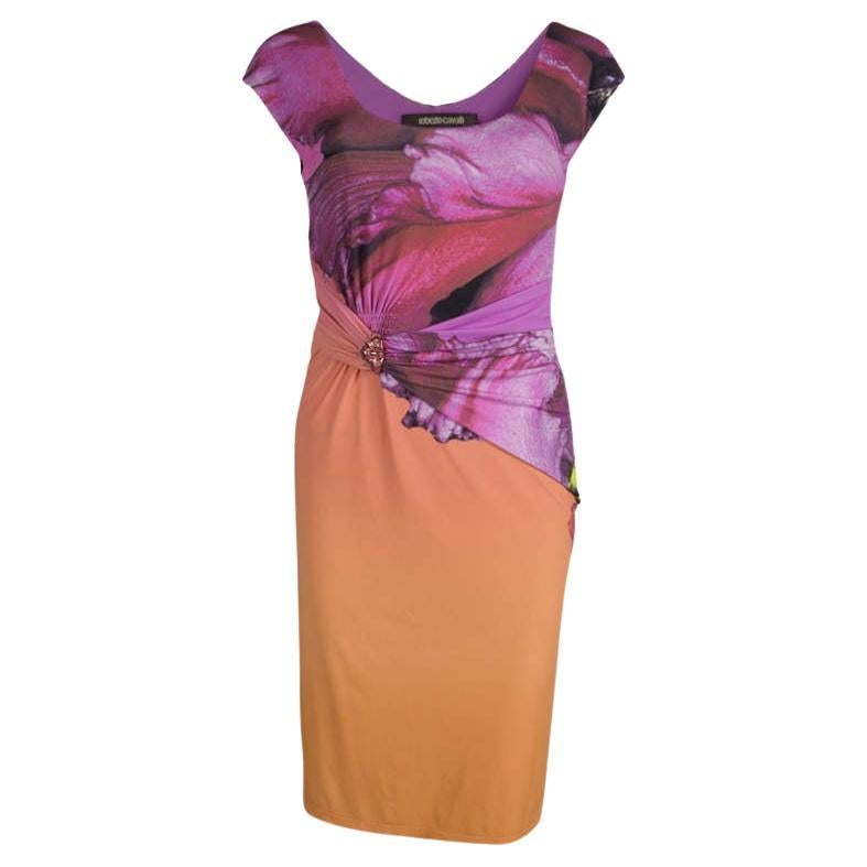 Roberto Cavalli Multicolor Printed Draped Dress S For Sale