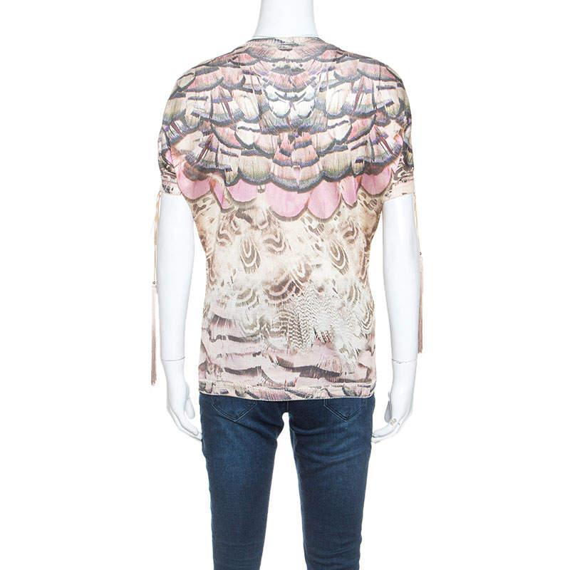 Gray Roberto Cavalli Multicolor Printed Fringed Neckline V-Neck Top S