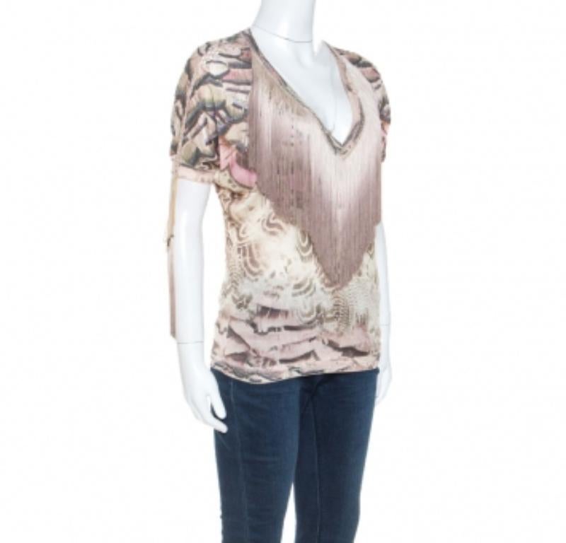 Gris Roberto Cavalli Multicolore Imprimé Fringed Neckline V-Neck Top S.I.V.A. en vente