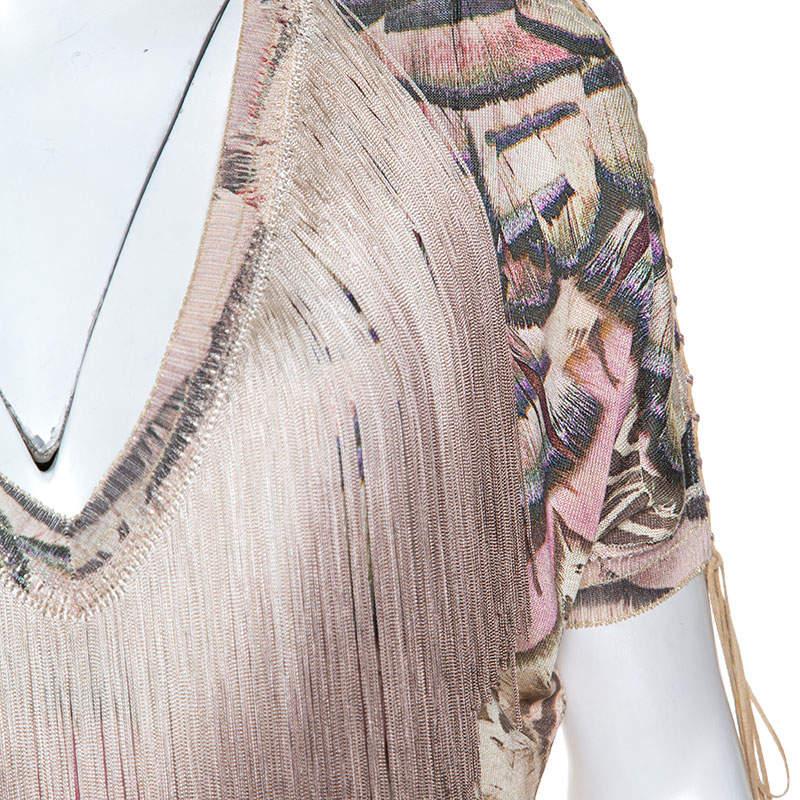 Roberto Cavalli Multicolor Printed Fringed Neckline V-Neck Top S In Fair Condition In Dubai, Al Qouz 2
