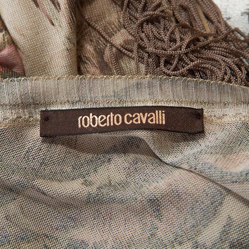 Women's Roberto Cavalli Multicolor Printed Fringed Neckline V-Neck Top S