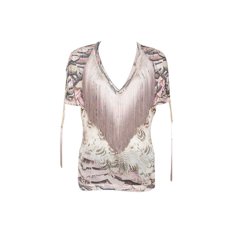 Roberto Cavalli Multicolor Printed Fringed Neckline V-Neck Top S
