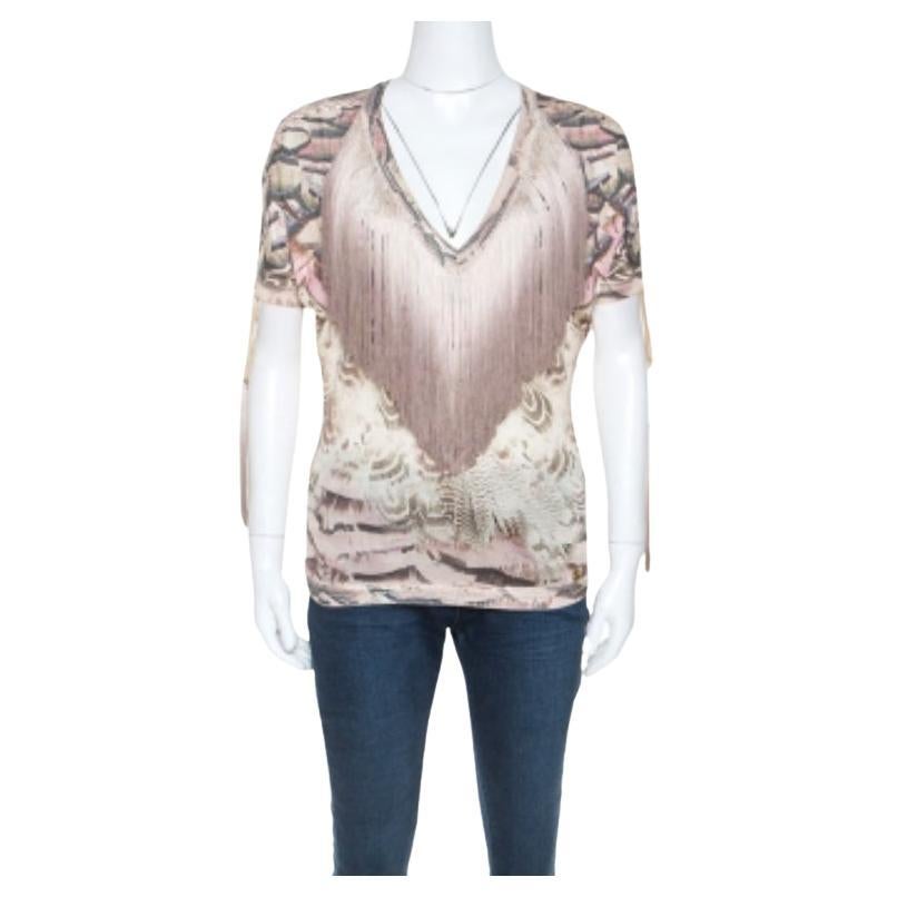 Roberto Cavalli Multicolore Imprimé Fringed Neckline V-Neck Top S.I.V.A. en vente