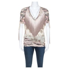 Roberto Cavalli Multicolor Printed Fringed Neckline V-Neck Top S