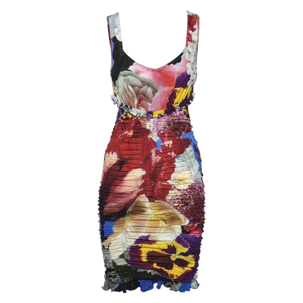 Roberto Cavalli Multicolor Printed Jersey Ruched Cut Out Detail Mini Dress S