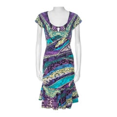 Roberto Cavalli Multicolor Printed Jersey Ruched Peplum Hem Detail Dress S