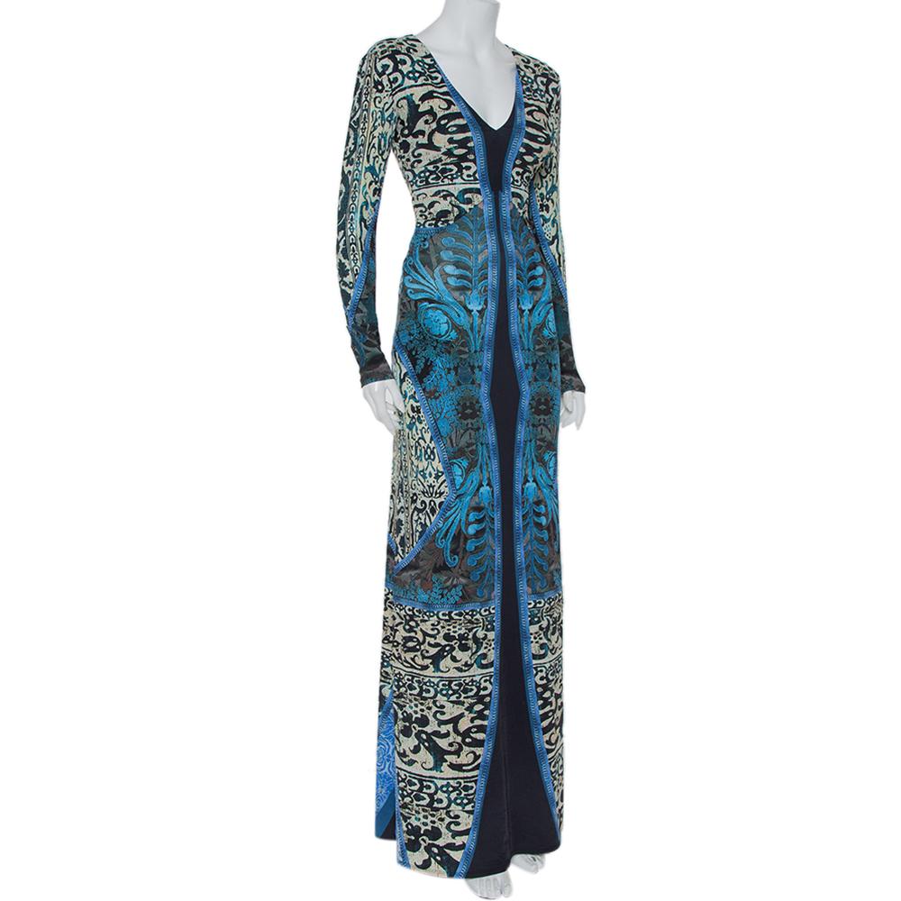 Blue Roberto Cavalli Multicolor Printed Jersey V-Neck Long Dress S