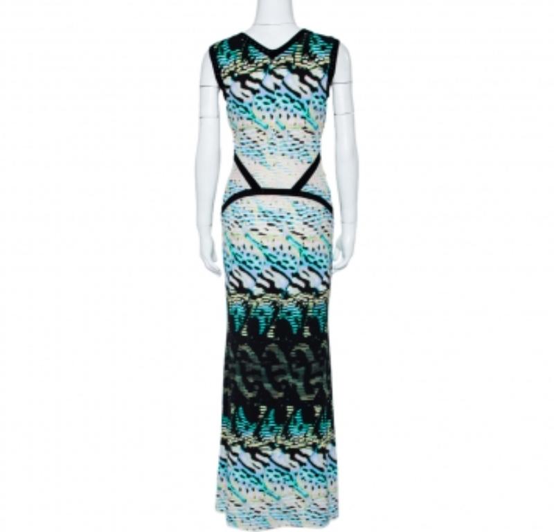 Women's Roberto Cavalli Multicolor Printed Knit Paneled Sleeveless Maxi Dress M For Sale