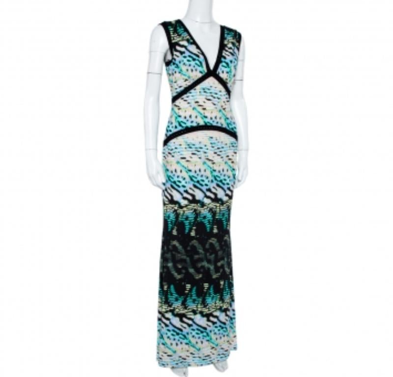 Roberto Cavalli Multicolor Printed Knit Paneled Sleeveless Maxi Dress M For Sale 1