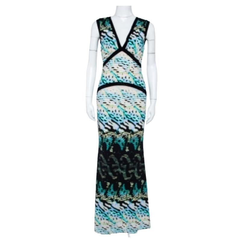 Roberto Cavalli Multicolor Printed Knit Paneled Sleeveless Maxi Dress M For Sale