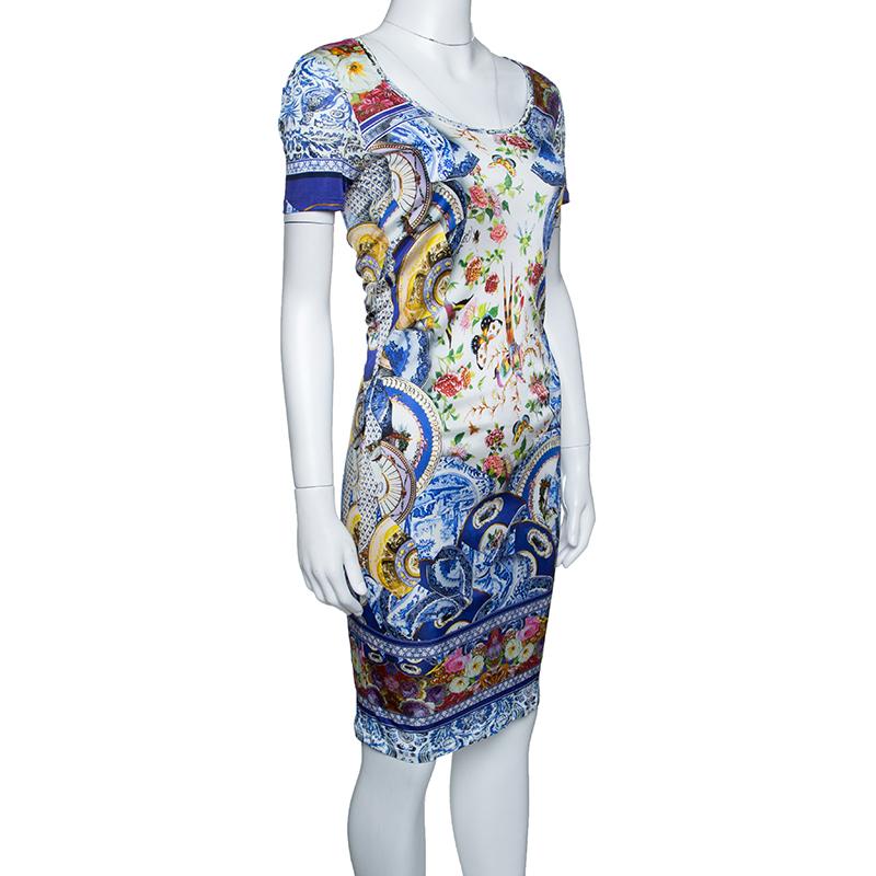 Gray Roberto Cavalli Multicolor Printed Knit Short Sleeve Dress M