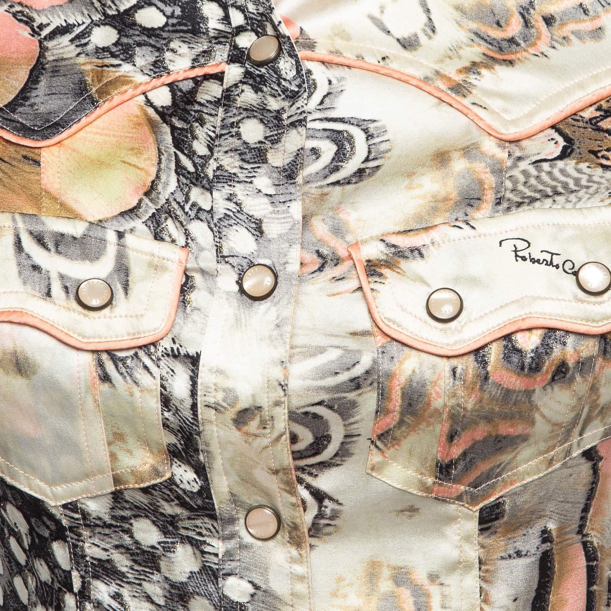 Beige Roberto Cavalli Multicolor Printed Satin Silk Glitter Detail Shirt S