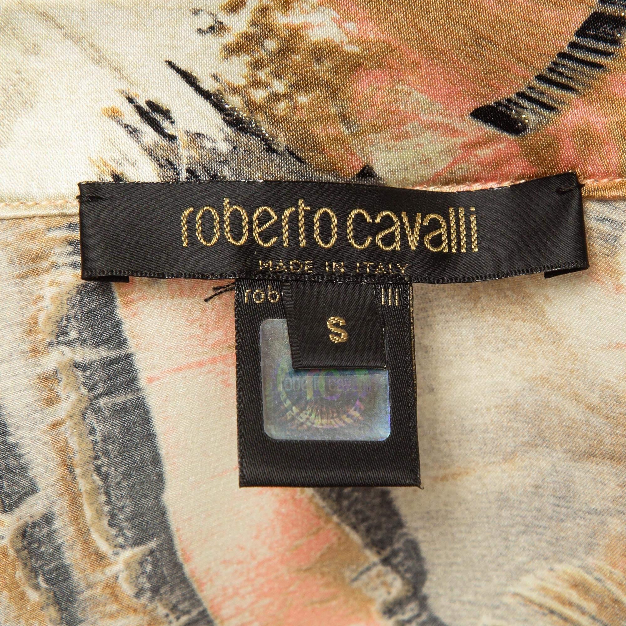 Roberto Cavalli Multicolor Printed Satin Silk Glitter Detail Shirt S In Good Condition In Dubai, Al Qouz 2