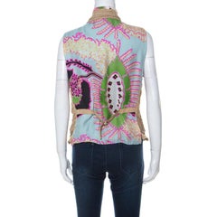 Roberto Cavalli Multicolor Printed Silk and Beige Suede Overlay Sleeveless Vest