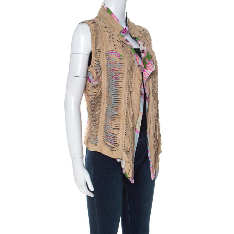 Roberto Cavalli Multicolor Printed Silk and Beige Suede Overlay Sleeveless Vest  In New Condition For Sale In Dubai, Al Qouz 2