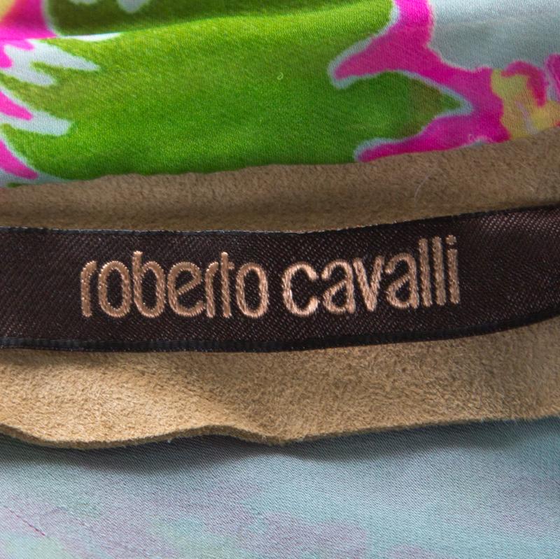 Women's Roberto Cavalli Multicolor Printed Silk & Beige Suede Overlay Sleeveless Vest M