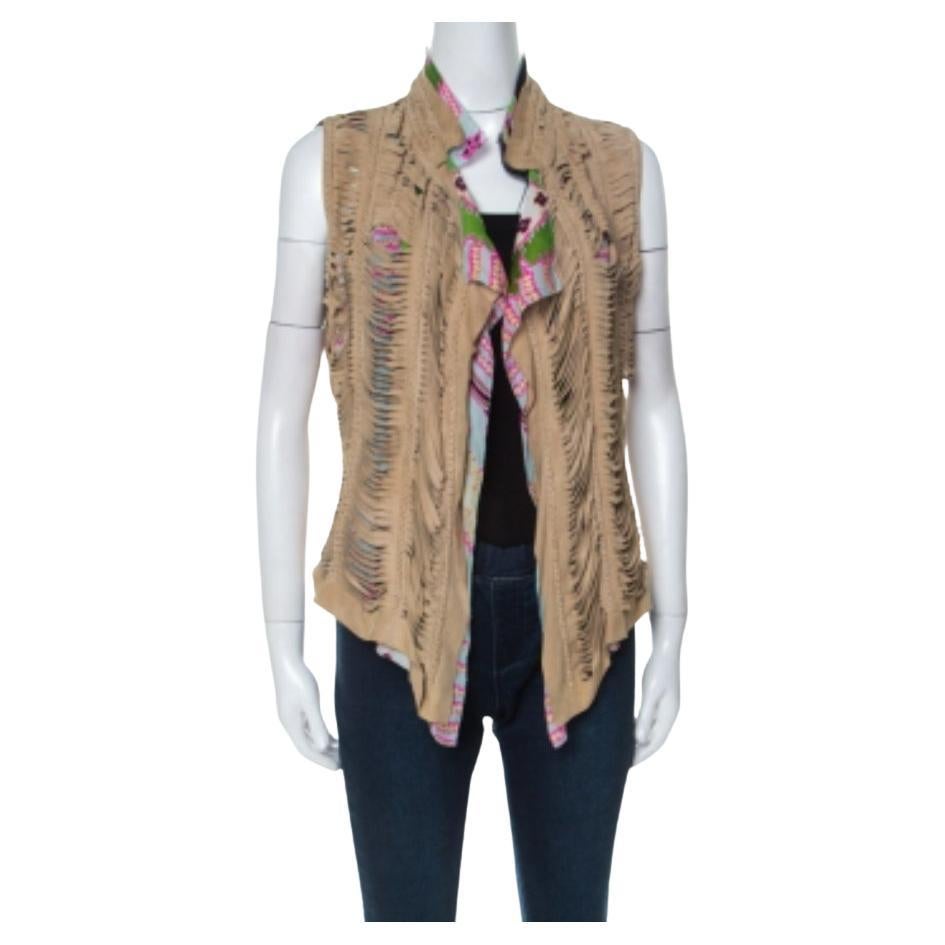 Roberto Cavalli Multicolor Printed Silk Beige Suede Overlay Sleeveless Vest M im Angebot