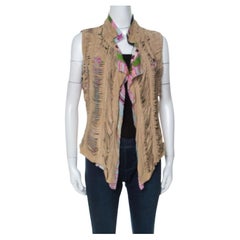 Roberto Cavalli Multicolor Printed Silk Beige Suede Overlay Sleeveless Vest M