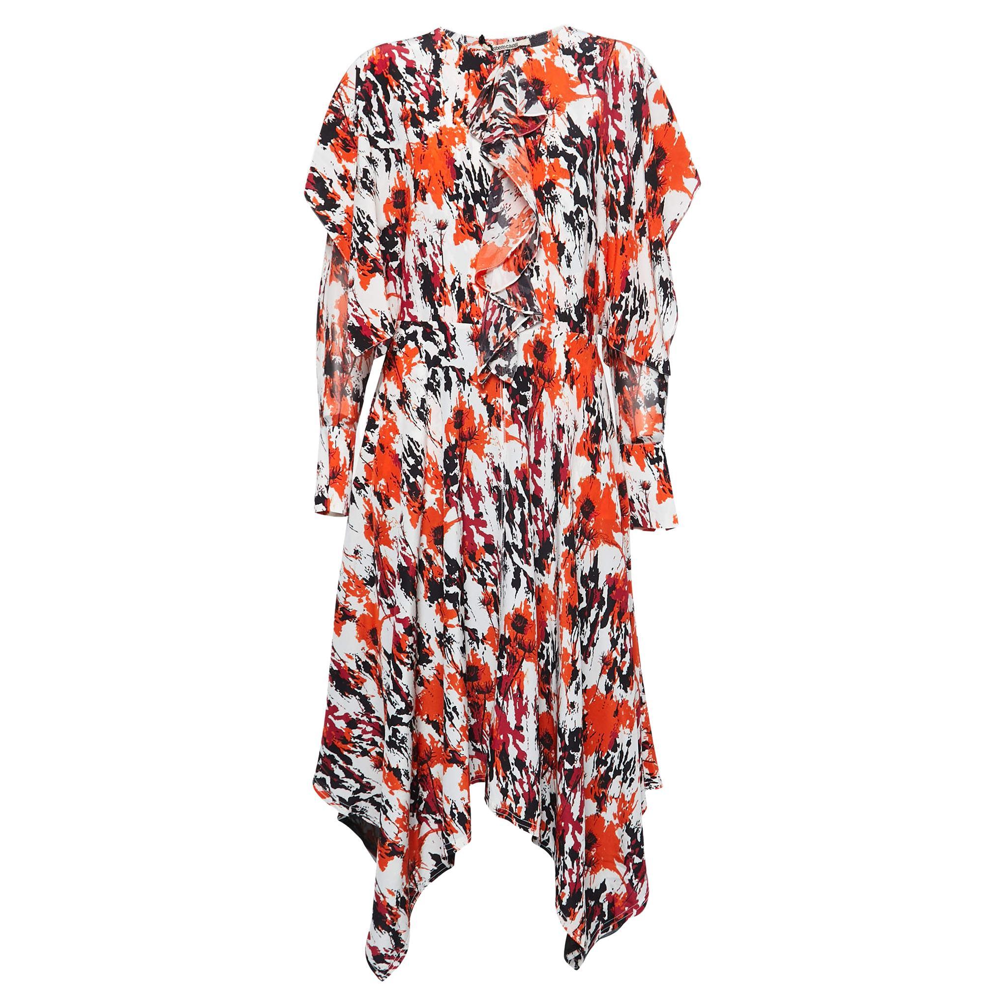 Roberto Cavalli - Robe longue en mousseline de soie imprimée multicolore, taille M en vente