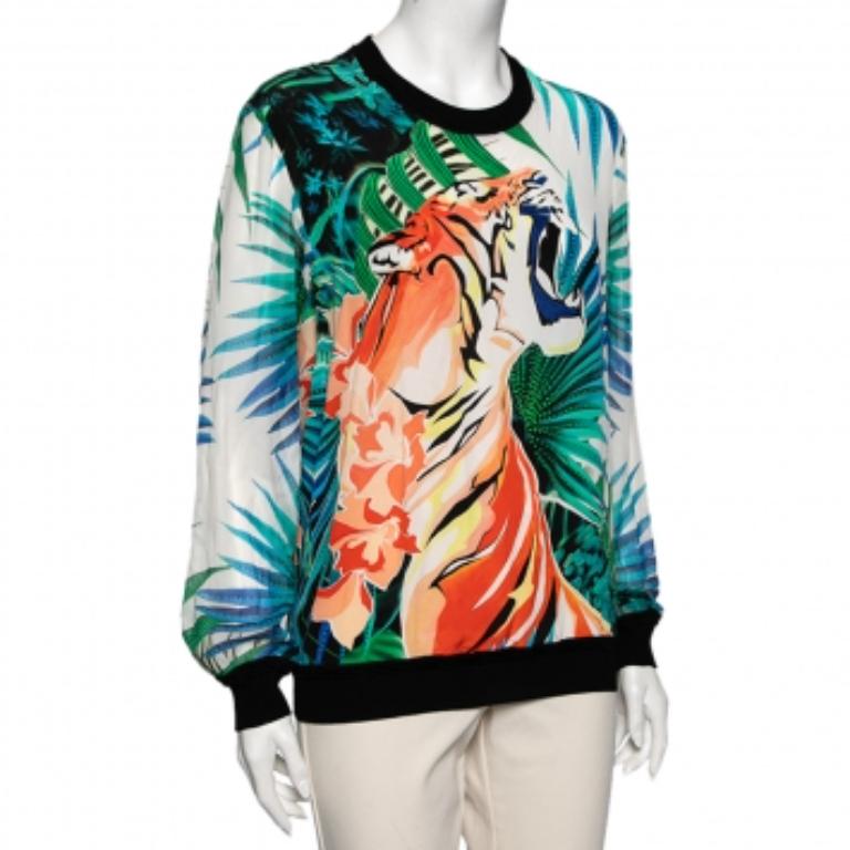 Roberto Cavalli Multicolor Printed Silk Long Sleeve T-Shirt M For Sale 1