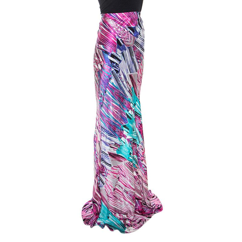 Purple Roberto Cavalli Multicolor Printed Silk Maxi Skirt M