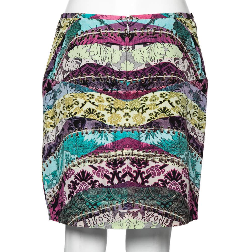 Gray Roberto Cavalli Multicolor Printed Silk Mini Skirt M