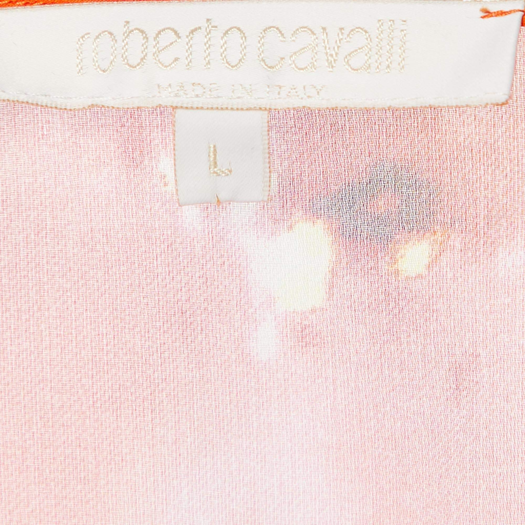 Roberto Cavalli Multicolor Printed Silk Ruffled Top & Satin Palazzo Pants L/M In Good Condition In Dubai, Al Qouz 2