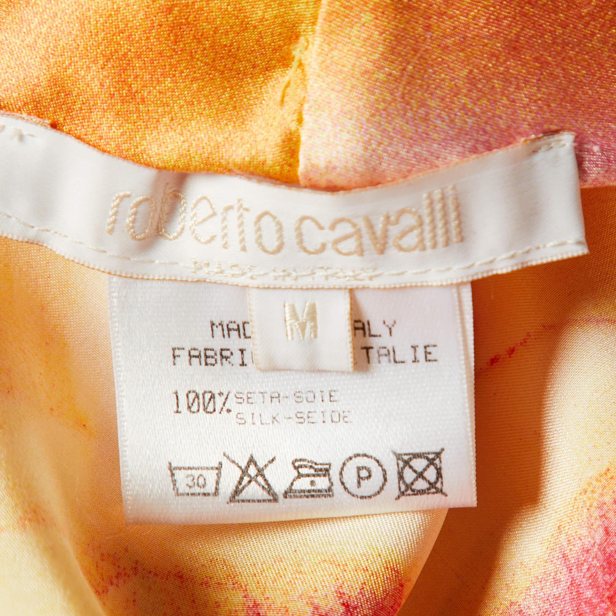 Women's Roberto Cavalli Multicolor Printed Silk Ruffled Top & Satin Palazzo Pants L/M
