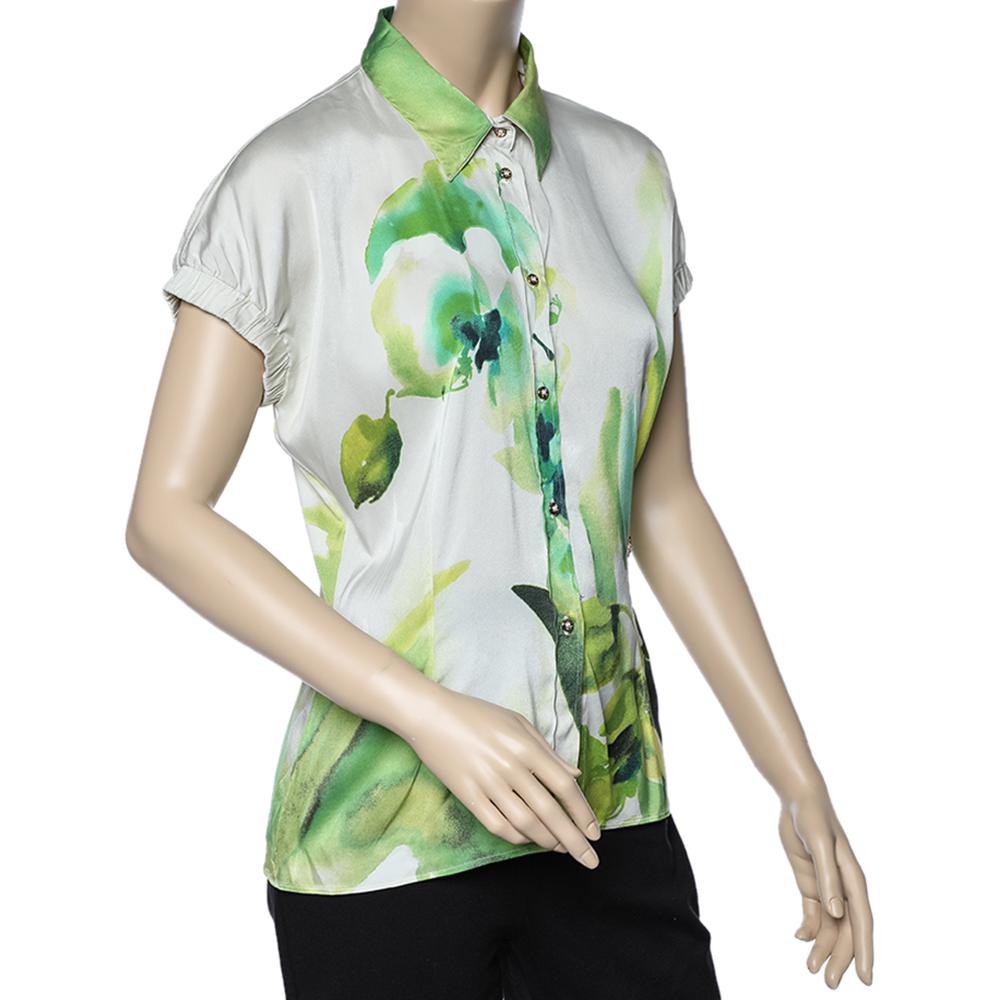 Beige Roberto Cavalli Multicolor Printed Silk Satin Shirt L For Sale