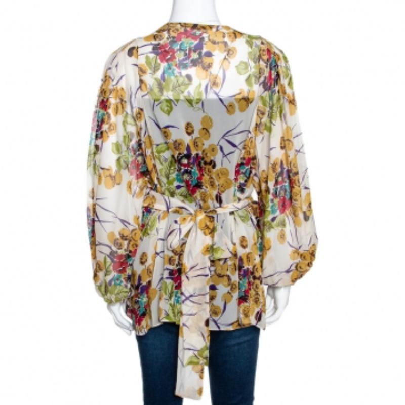 Marron Roberto Cavalli - Chemisier faussement enveloppé en soie géorgette multicolore, imprimé floral M. en vente