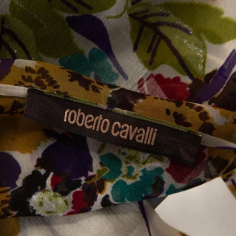 Roberto Cavalli - Chemisier faussement enveloppé en soie géorgette multicolore, imprimé floral M. en vente 1