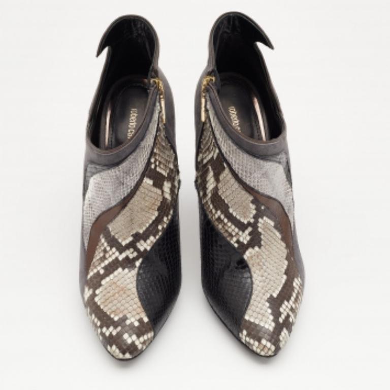 Roberto Cavalli Multicolor Snakeskin and Suede Ankle Boots Size 38.5 For Sale 1