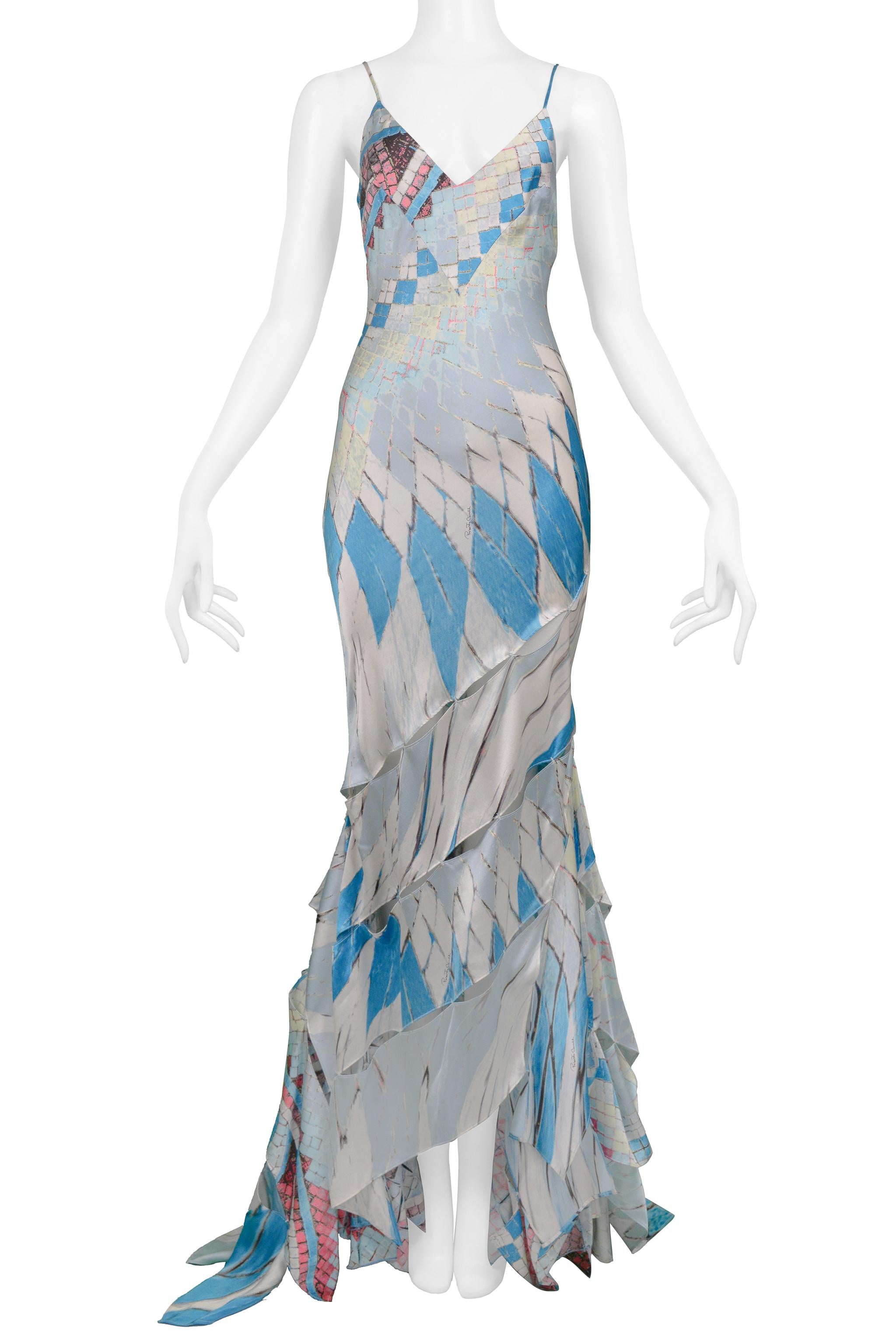 Gray Roberto Cavalli Multicolor Stained Glass Print Gown With Cutout Slashes 2004 For Sale