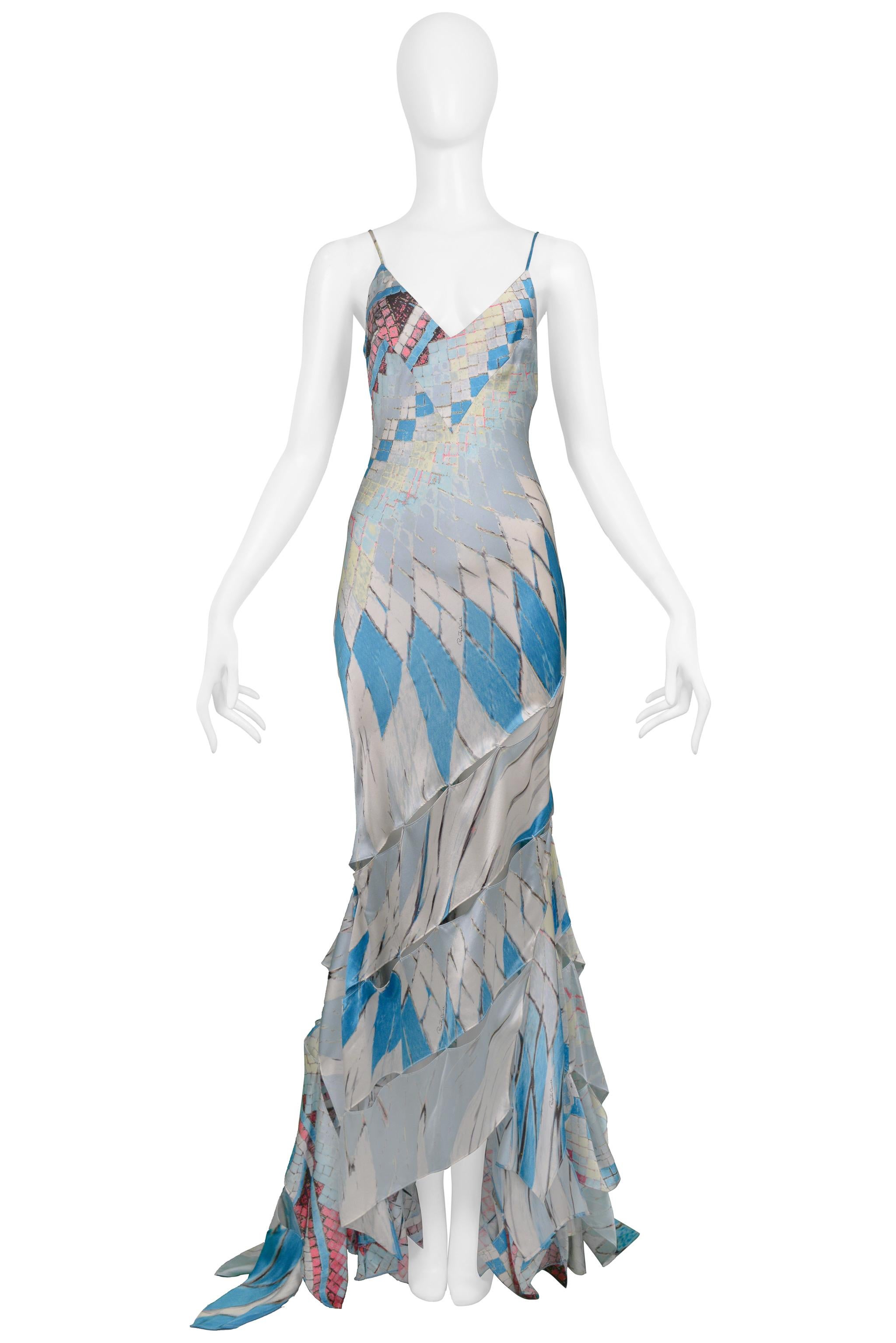 Women's Roberto Cavalli Multicolor Stained Glass Print Gown With Cutout Slashes 2004 For Sale