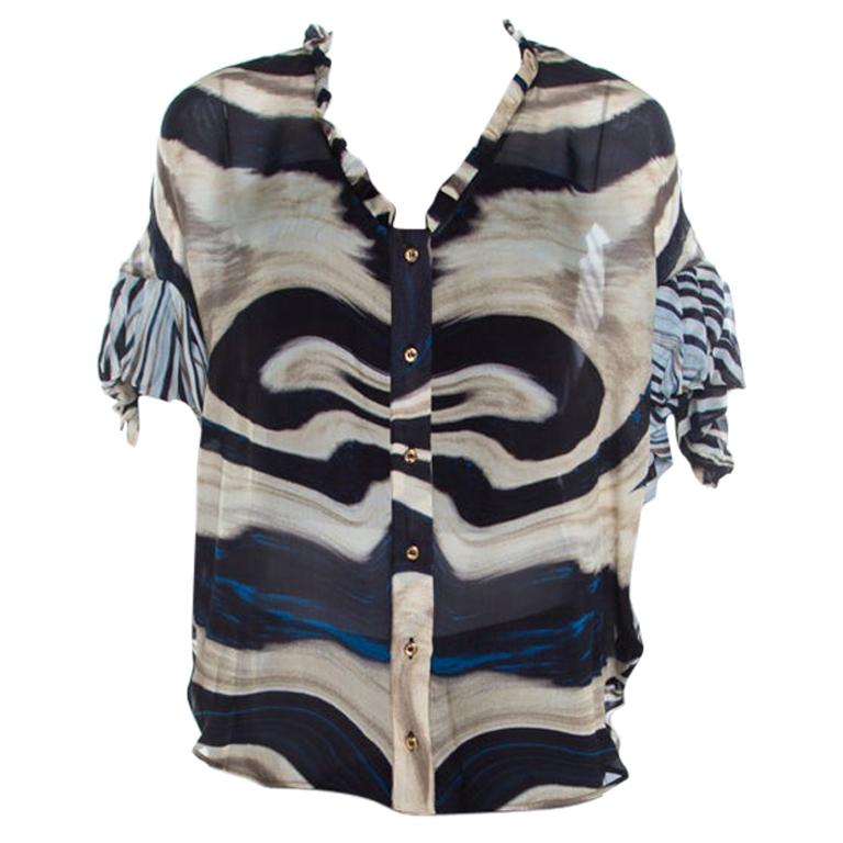 Roberto Cavalli Multicolor Striped Silk Batwing Sleeve Ruffled Top S For Sale