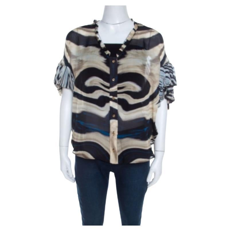 Roberto Cavalli Top de seda de rayas multicolor con manga murciélago y volantes S