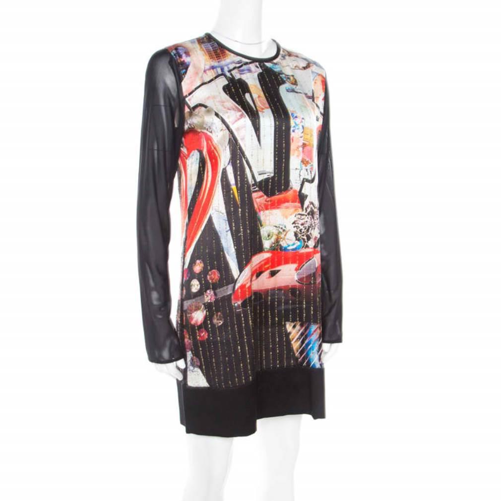 Black Roberto Cavalli Multicolor Vintage Pop Art Printed Silk Shift Dress M