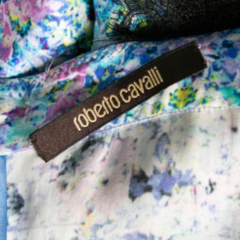 Gris Roberto Cavalli - Robe imprimée multicolore bordée de dentelle de soie M en vente