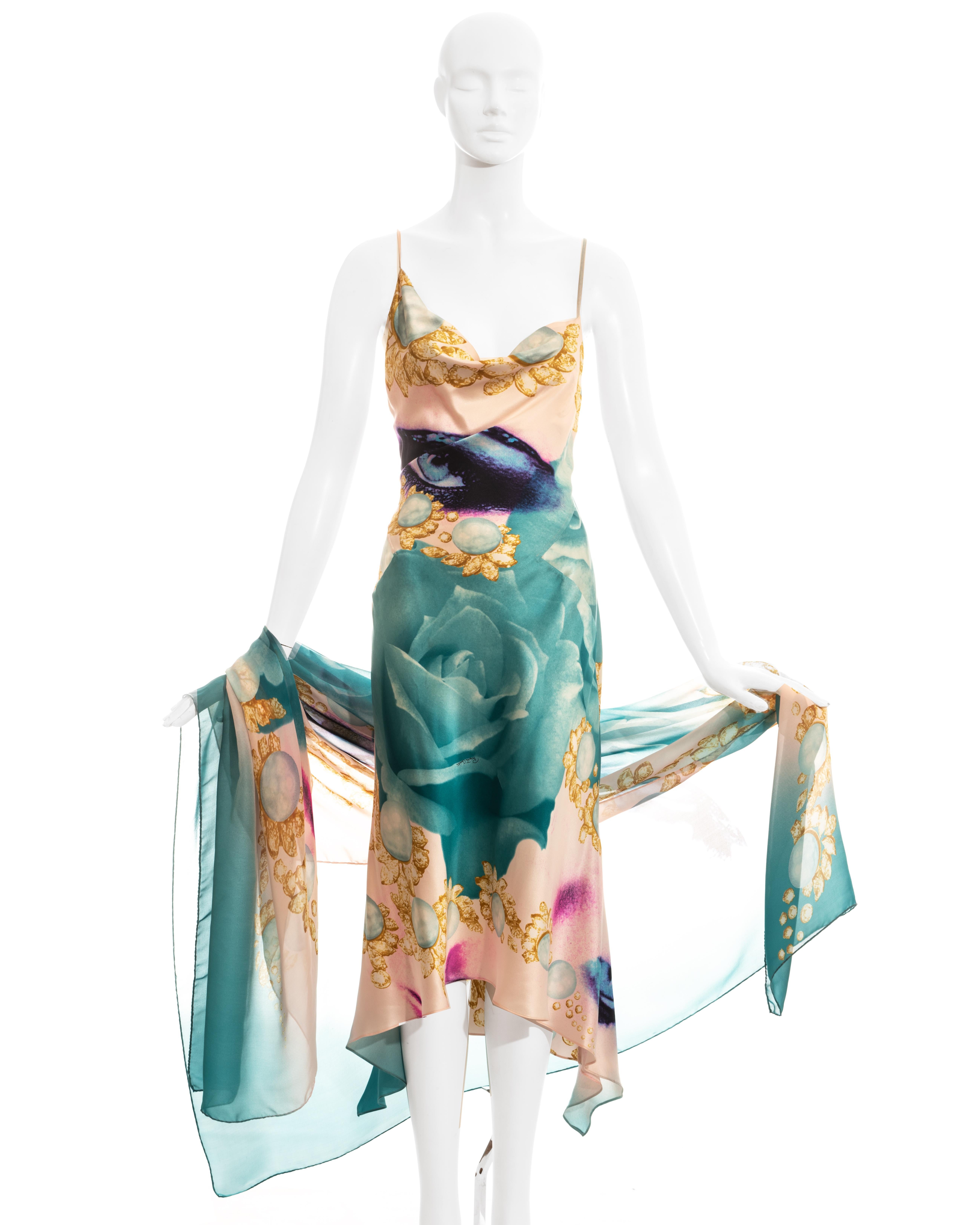 Roberto Cavalli multicoloured face print silk bias cut spaghetti strap evening dress with matching shawl.

Spring-Summer 2001