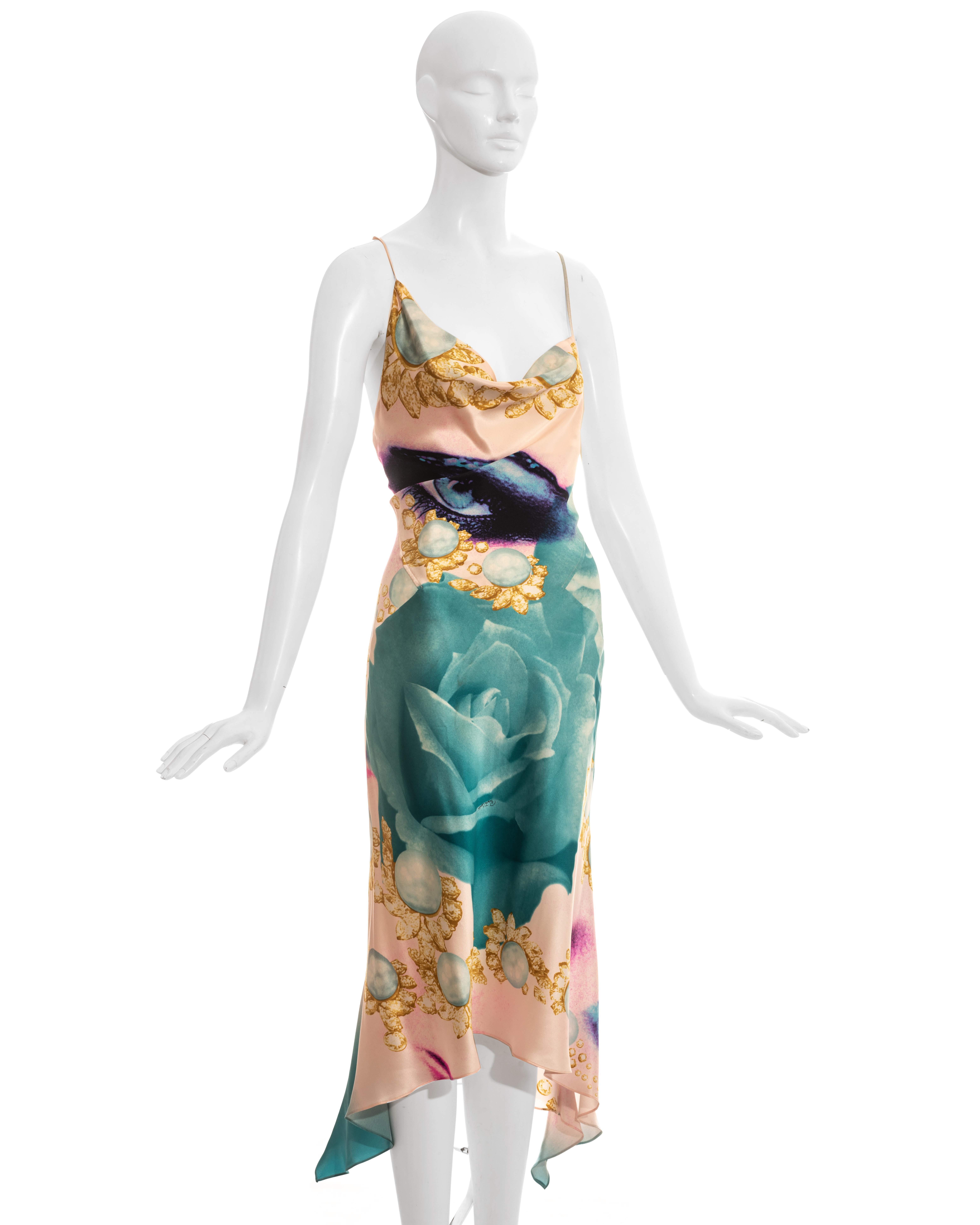De las mujeres Roberto Cavalli vestido y chal de seda con estampado de caras multicolor, ss 2001